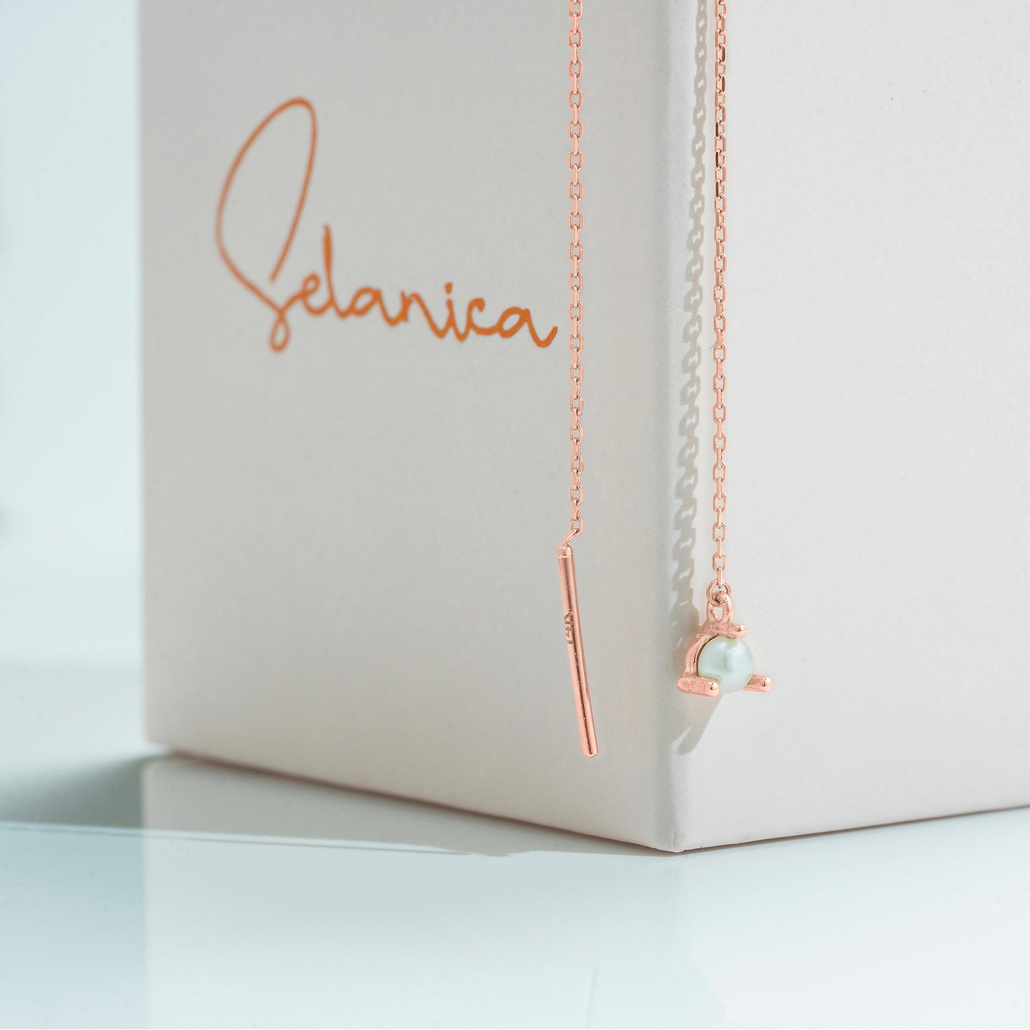 Solid Gold Dainty Pearl Threader Earrings, Real Gold Pair of Threader Chain, Premium Earrings For Her, Handmade Fine Jewelry By Selanica