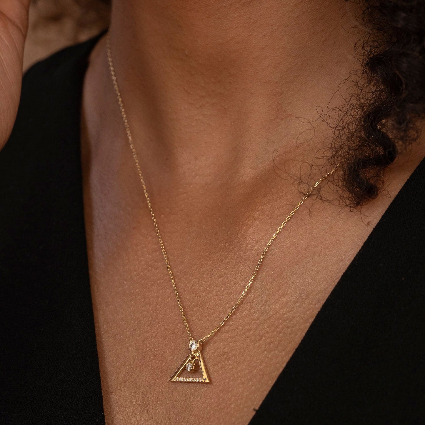 Solid Gold Open Triangle Necklace, Real Gold Premium Trigon Charm Necklace, Handmade Fine Jewelry by Selanica