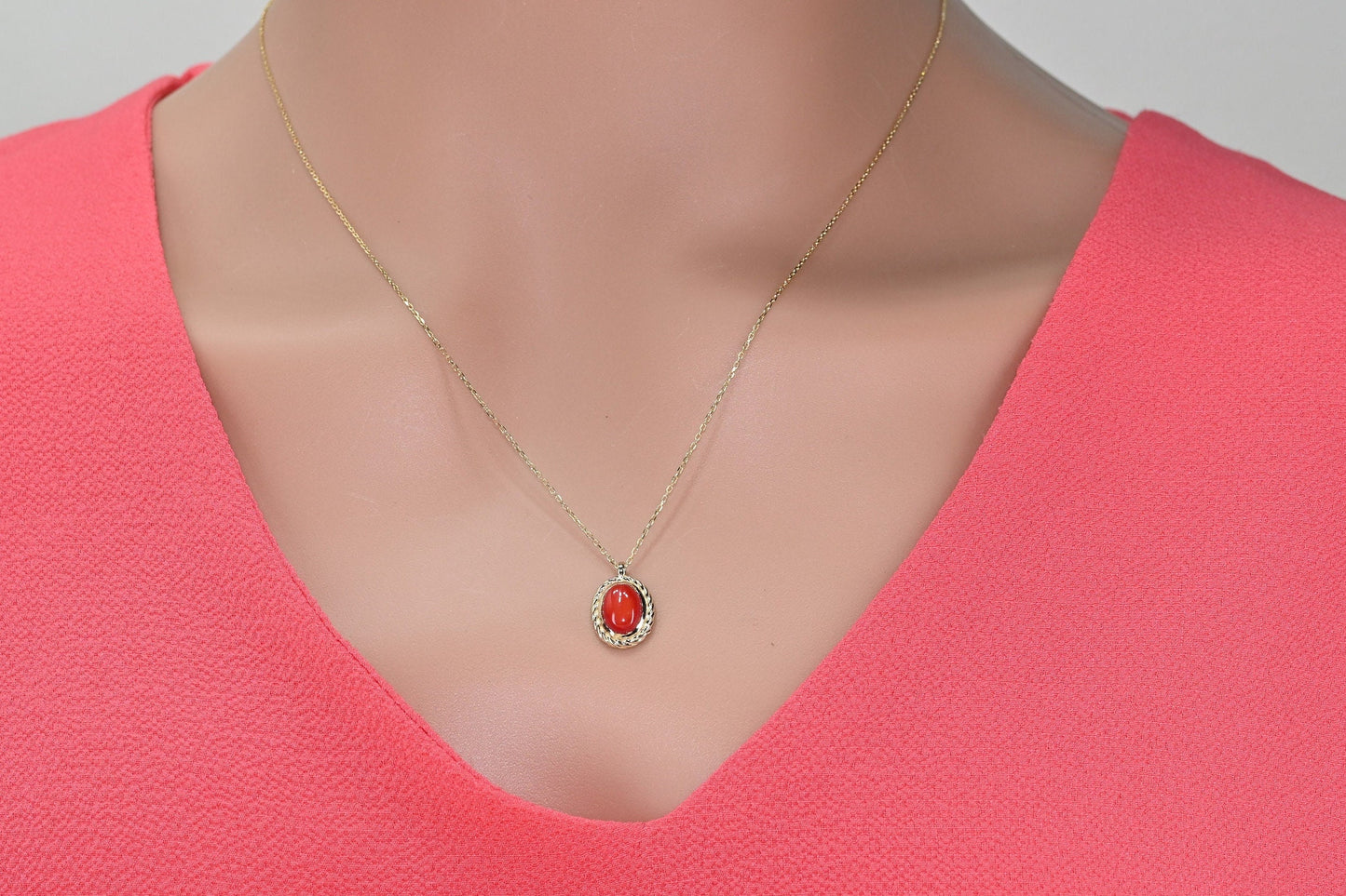Solid Rose Gold Coral Retro Necklace, Real Gold Natural Coral Charm, Premium Pendant For Her, Handmade Fine Jewelry by Selanica