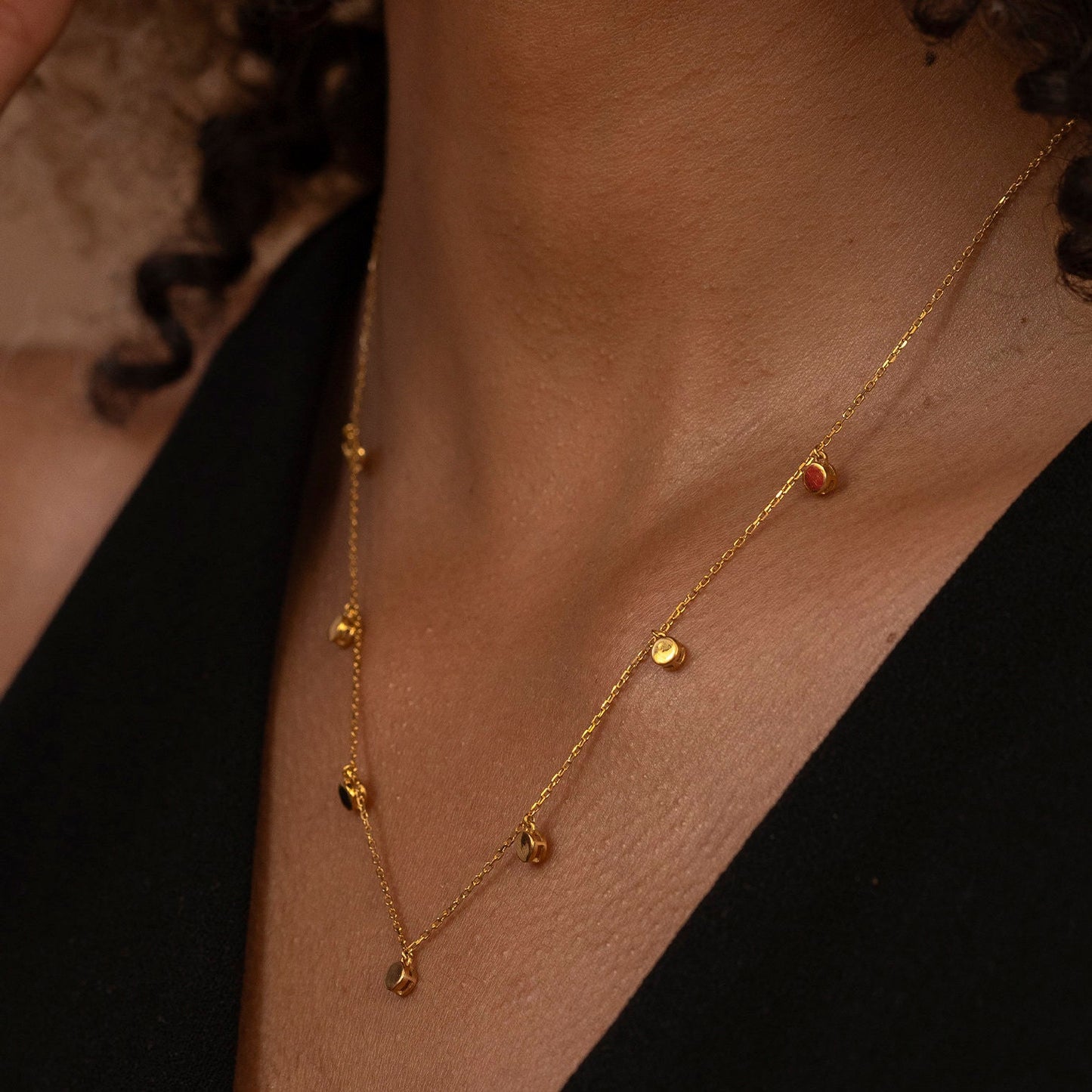 Solid Gold Seven Charm Necklace, Real Gold Dainty Round Button Necklace, Premium Disc Necklace, Handmade Fine Jewelry by Selanica