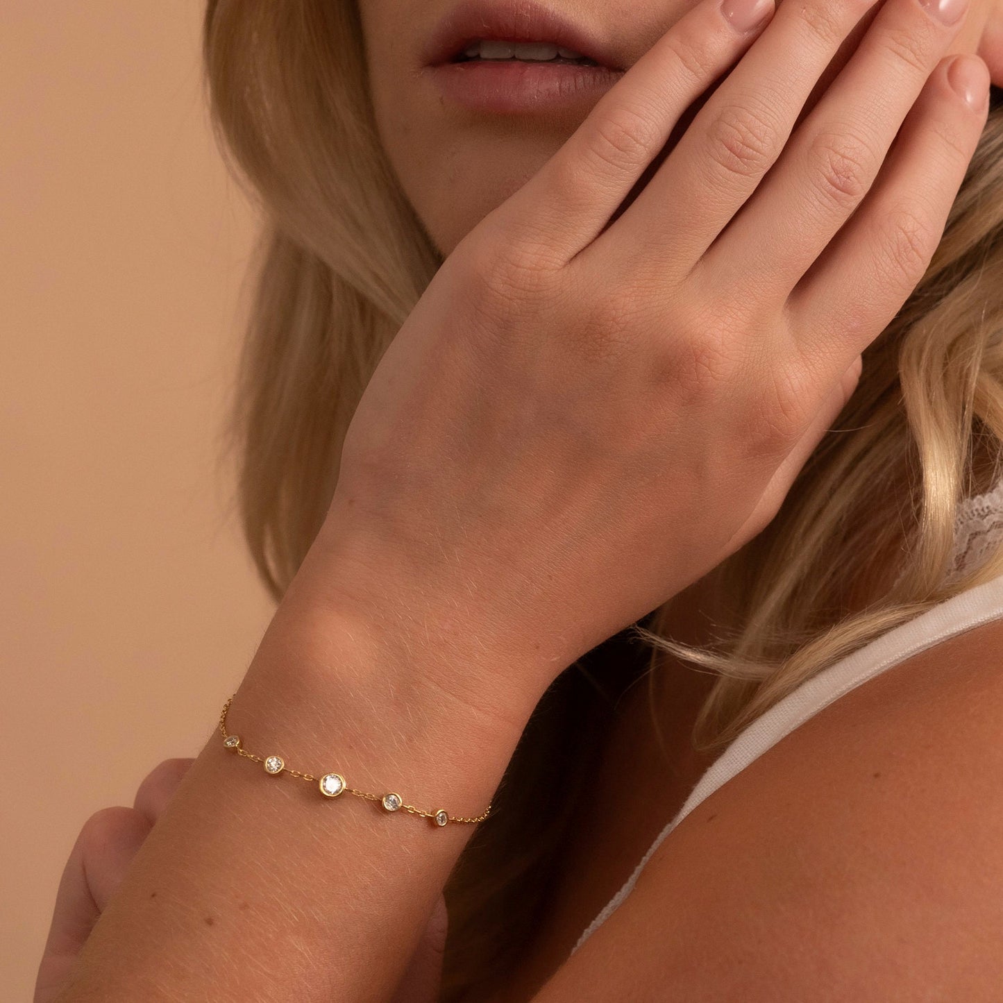 Solid Gold Bezel Bracelet, Real Gold Premium Five Stone Bracelet For Her, Handmade Fine Jewelry by Selanica