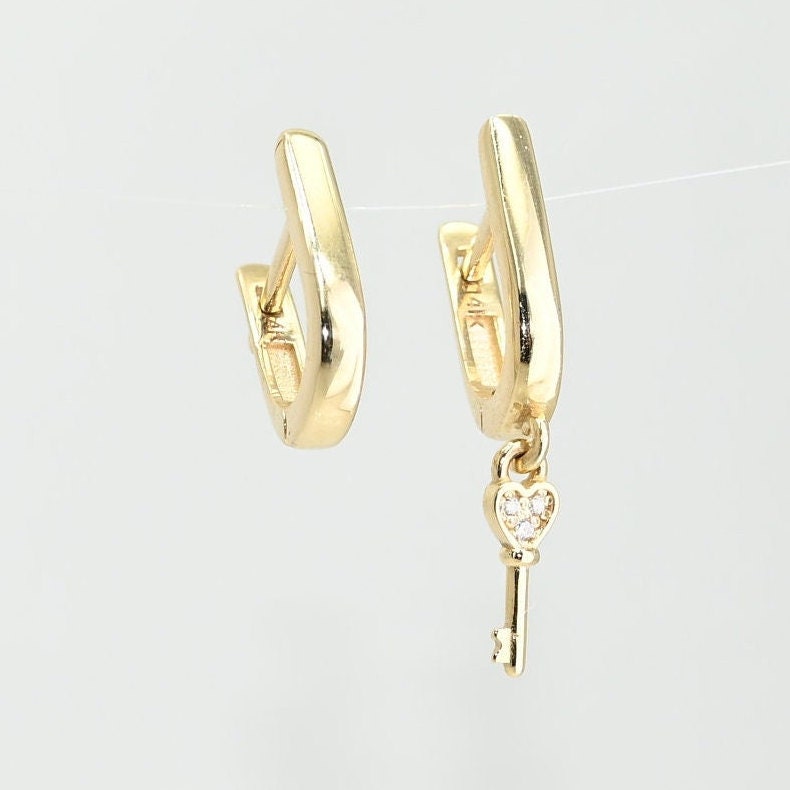 Solid Gold Dangle & Drop Hoop, Premium Key Drop Earring, Real Gold Lightweight and Sturdy Hoop, Handmade Fine Jewelry By Selanica