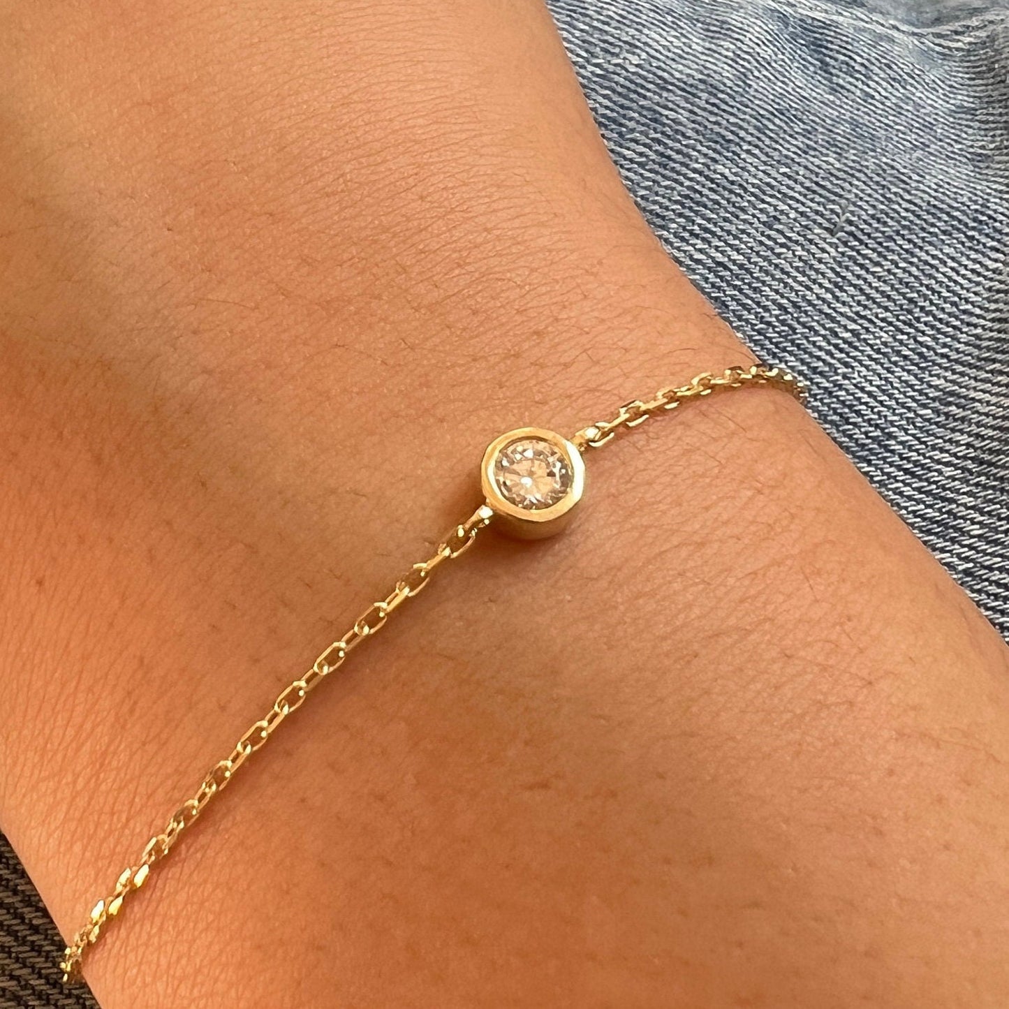 Solid Gold Bezel Bracelet, 14k Dainty Chain Bracelet, Real Gold Premium Moissanite Bracelet For Her, Handmade Fine Jewelry by Selanica