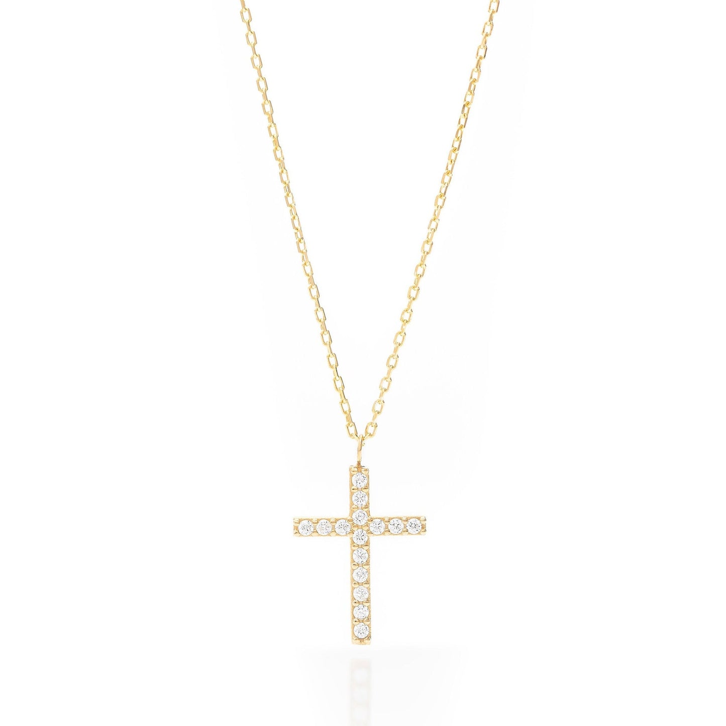 Solid Gold Tiny Cross Necklace, Real Gold Pave Setting Premium Cross Necklace, Handmade Fine Jewelry by Selanica