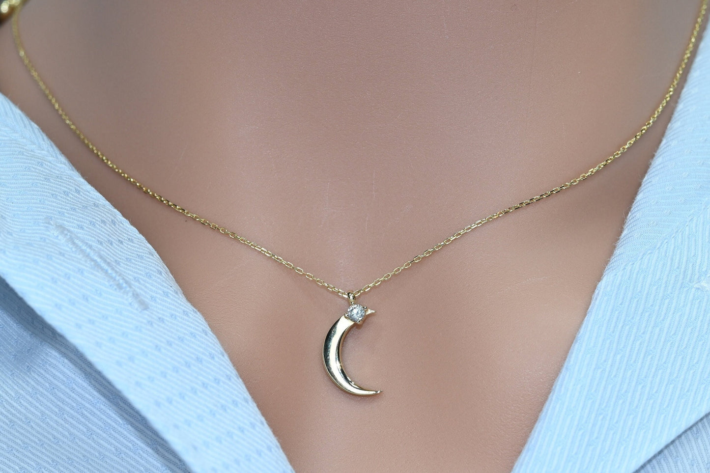 Solid Gold Dainty Moon Necklace / Real Gold Premium Crescent Pendant / Moon Star Necklace For Her / Handmade Fine Jewelry by Selanica