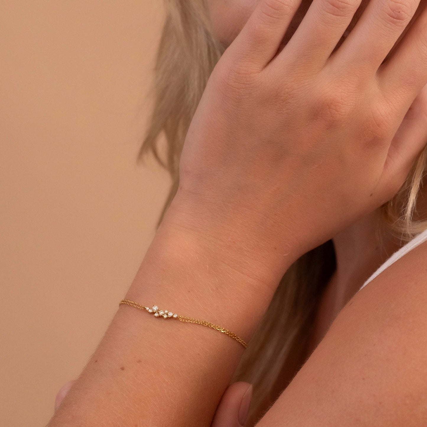 Solid Gold Dainty Cluster Bracelet, Real Gold Double Chain, Premium Bracelet For Her, Handmade Fine Jewelry by Selanica