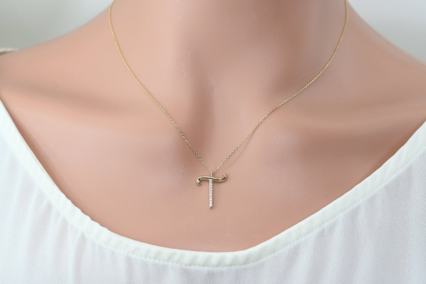 Solid Gold Letter T Moissanite Necklace / Real Gold Unique Design Initial T Pendant / Handmade Fine Jewelry / All Letters Available