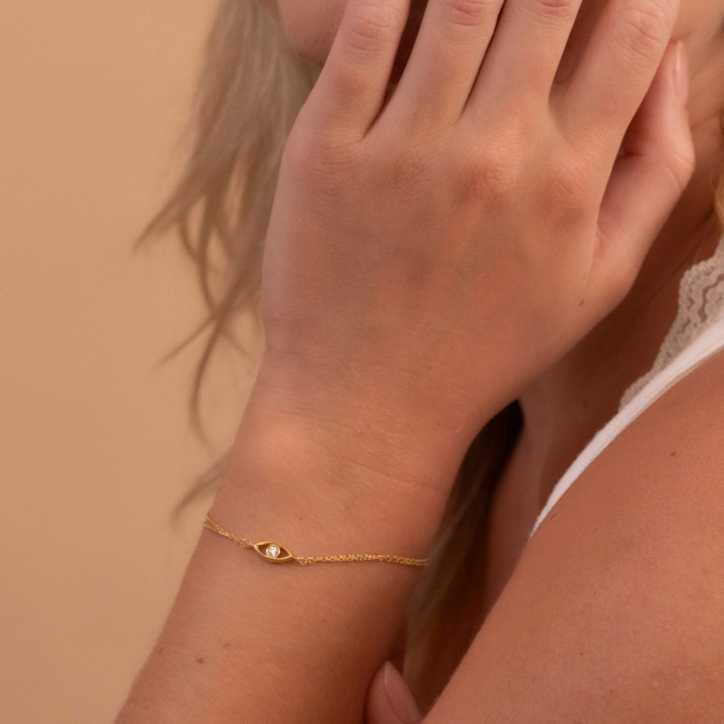 Solid Gold Evil Eye Bracelet, Real Gold Double Chain, Premium Eye Bracelet For Her, Handmade Fine Jewelry by Selanica