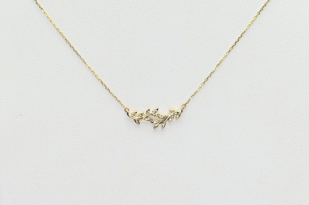 Solid Gold Dainty Leaf Necklace, Real Gold Vine Leaf Pendant, Premium Necklace For Her, Handmade Fine Jewelry by Selanica
