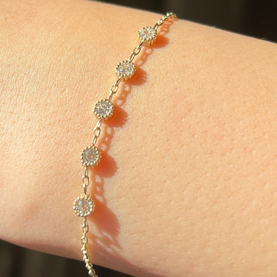 Solid Gold Bezel Bracelet, Dainty Chain Bracelet, Real Gold 5 Stone Bracelet For Her, Handmade Fine Jewelry by Selanica