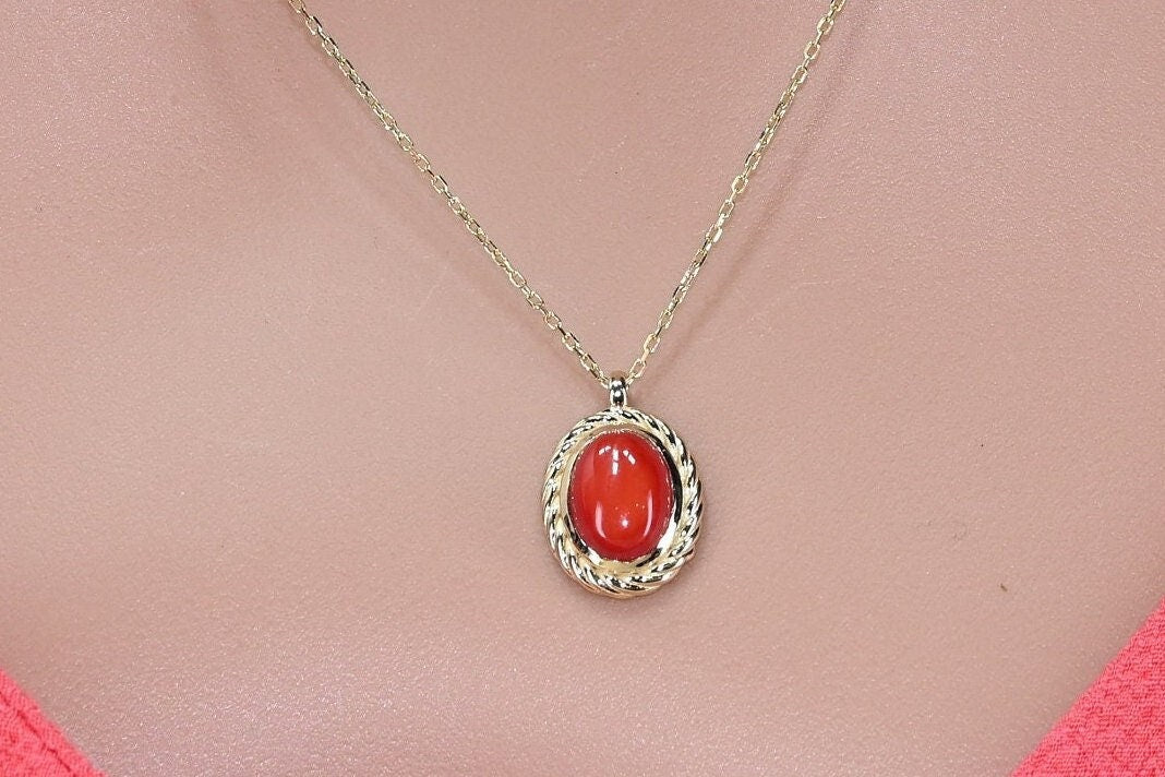 Solid Rose Gold Coral Retro Necklace, Real Gold Natural Coral Charm, Premium Pendant For Her, Handmade Fine Jewelry by Selanica
