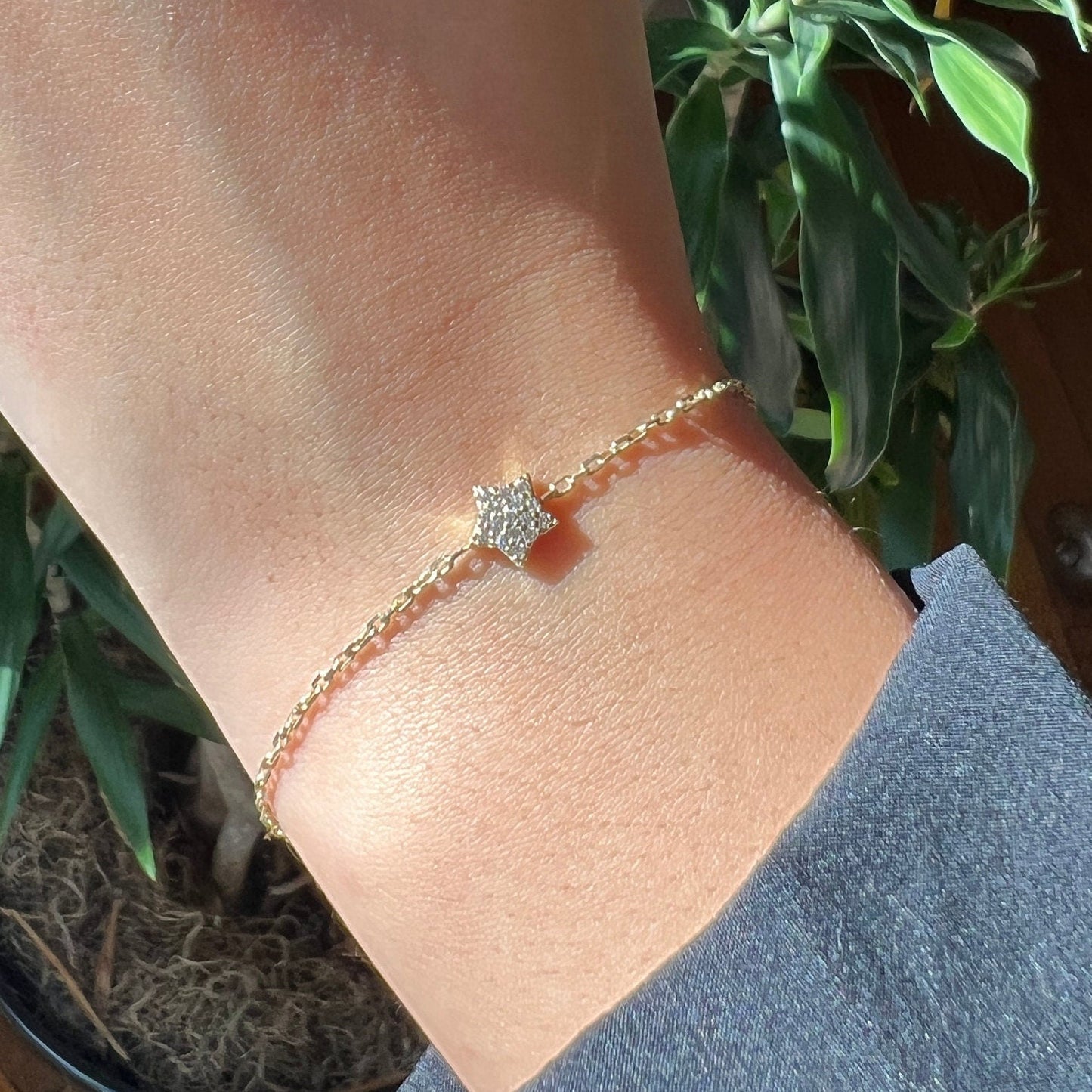 Gold Dainty Star Bracelet, Solid Gold Chain Bracelet, Real Gold Celestial Bracelet For Her, Handmade Fine Jewelry by Selanica