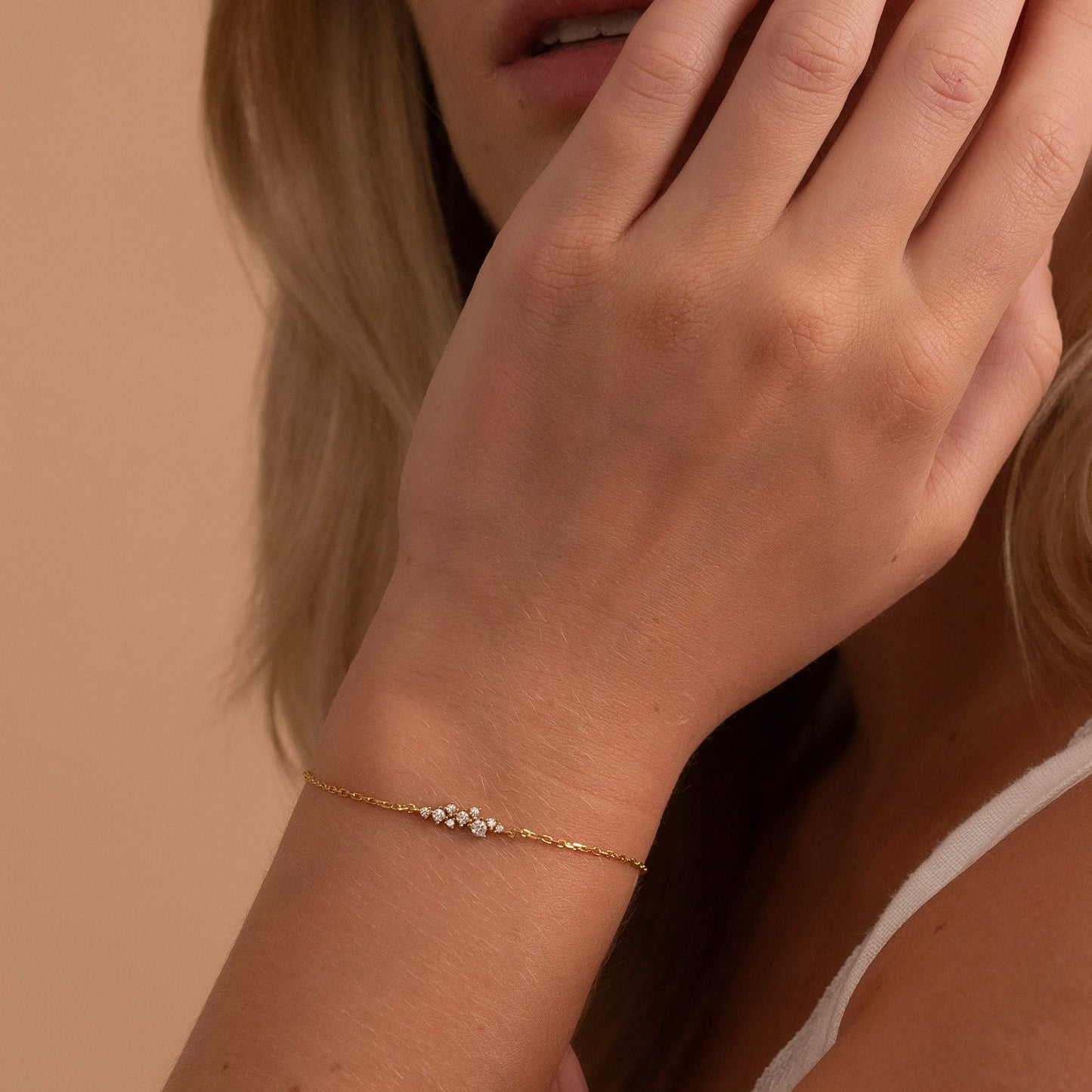 Solid Gold Dainty Cluster Bracelet, Real Gold Premium Chain Bracelet For Her, Handmade Fine Jewelry by Selanica