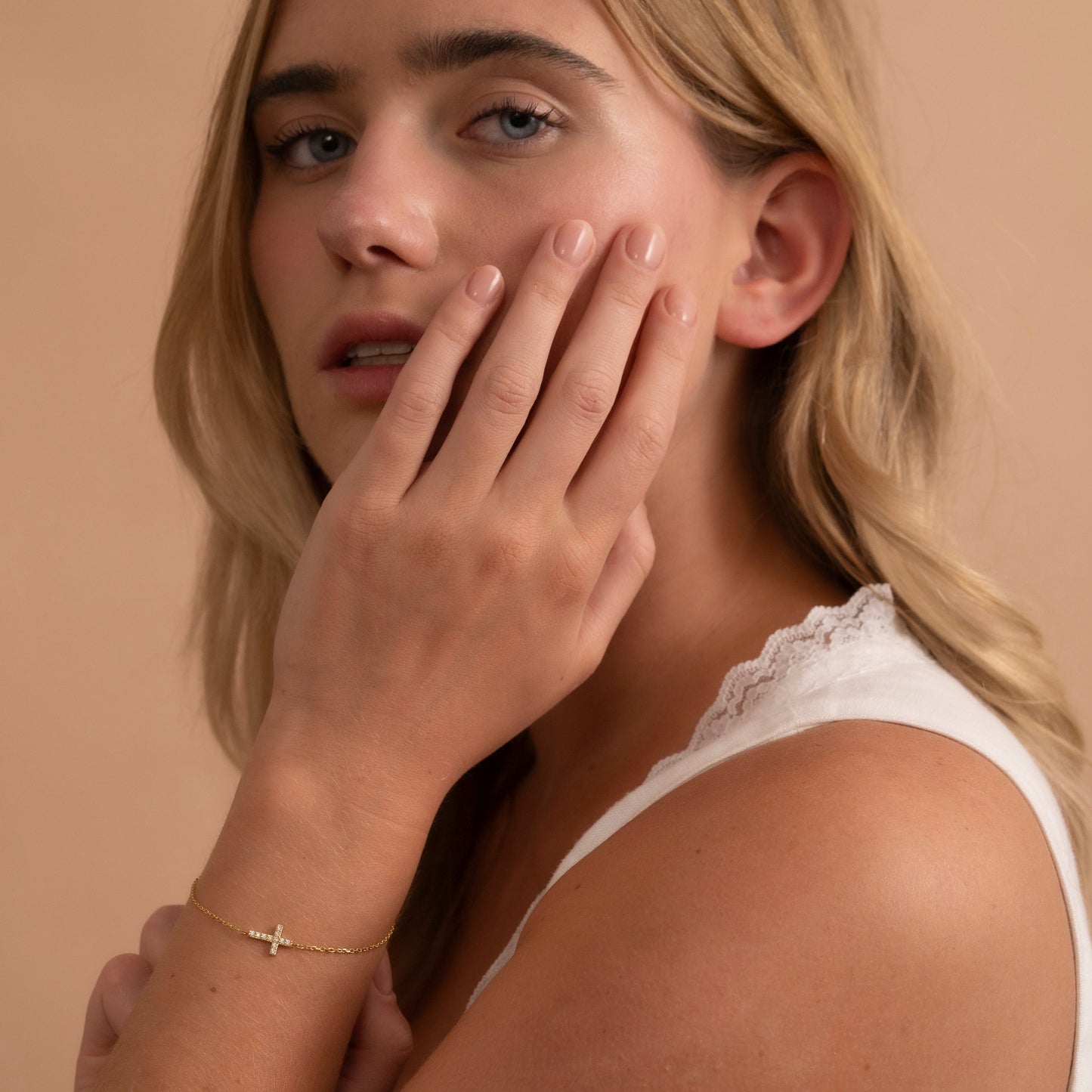 Solid Gold Cross Bracelet, Real Gold Premium Cross Bracelet For Her, Handmade Fine Jewelry by Selanica