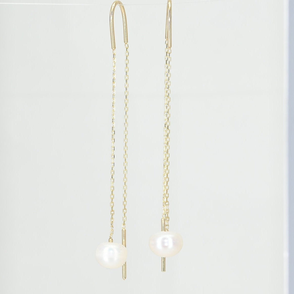 Solid Gold Threader Pearl Earrings, Real Gold Pair of Threader Chain Earrings, Dainty Premium Earrings, Handmade Fine Jewelry By Selanica