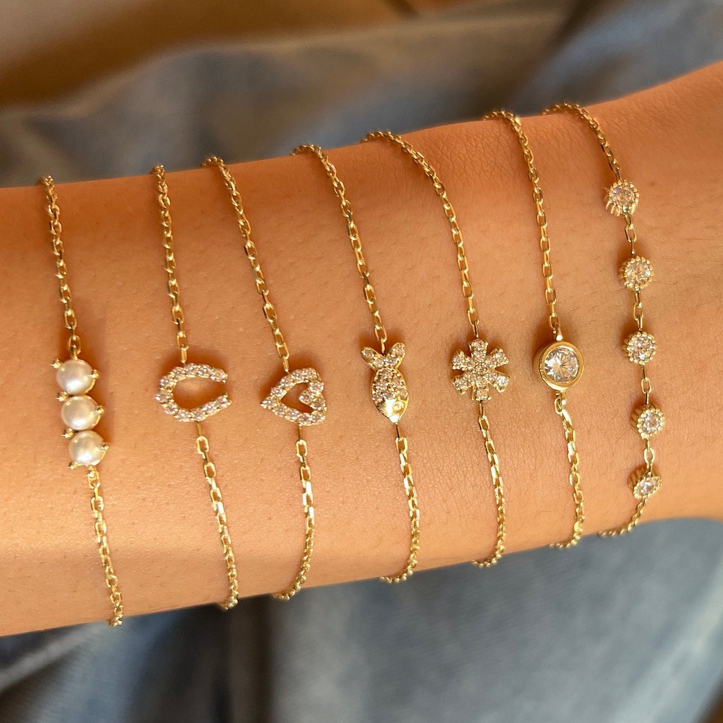 Solid Gold Bezel Bracelet, Dainty Chain Bracelet, Real Gold 5 Stone Bracelet For Her, Handmade Fine Jewelry by Selanica