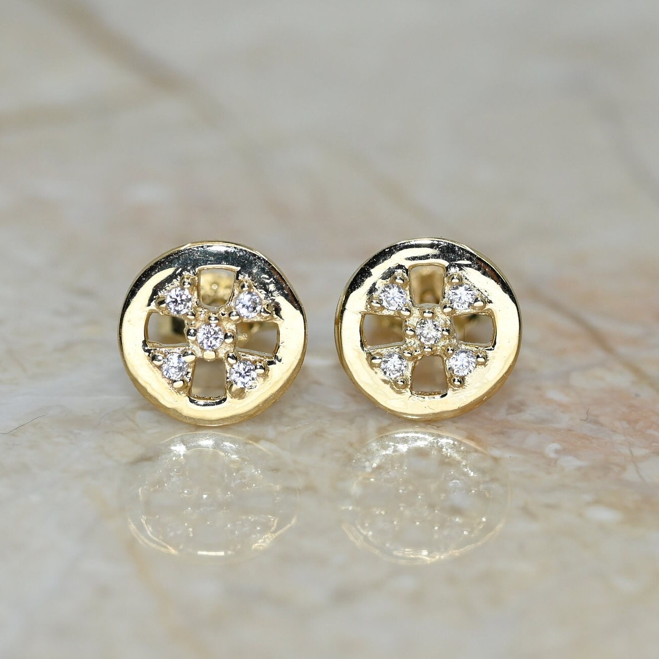 Solid Gold Dainty Button Earrings / Real Gold Moissanite Pair of Earrings For Her / Handmade Fine Jewelry By Selanica