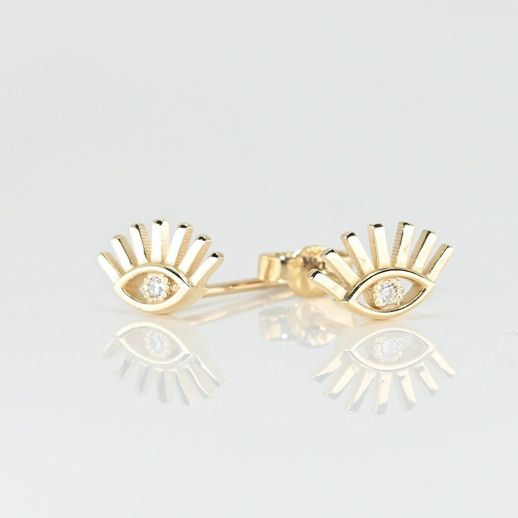 Solid Gold Dainty Eyelash, Evil Eye Pair of Earrings, Real Gold Earrings For Her, Elegant Stud Earrings, Handmade Fine Jewelry By Selanica