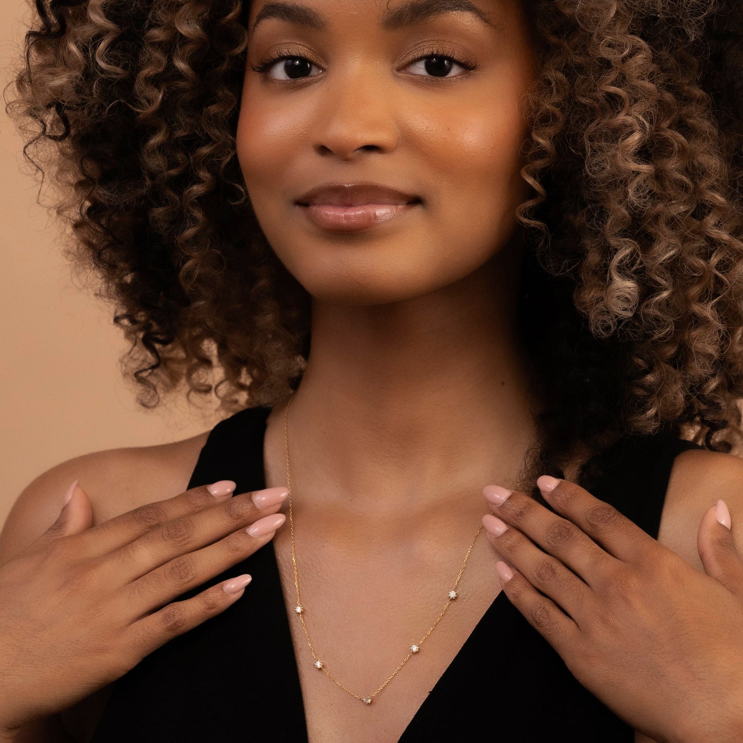 Solid Gold Five Stone Necklace, Real Gold Dainty Necklace, Premium Necklace For Her, Handmade Fine Jewelry by Selanica