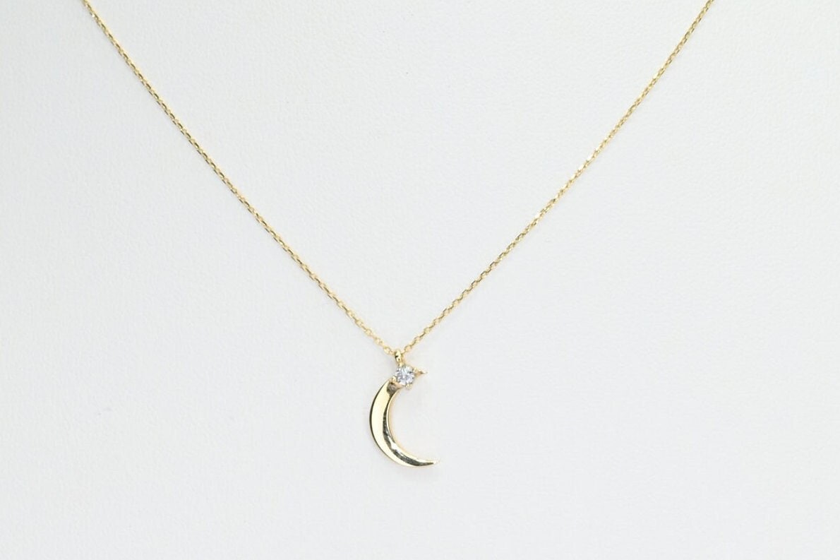 Solid Gold Dainty Moon Necklace / Real Gold Premium Crescent Pendant / Moon Star Necklace For Her / Handmade Fine Jewelry by Selanica