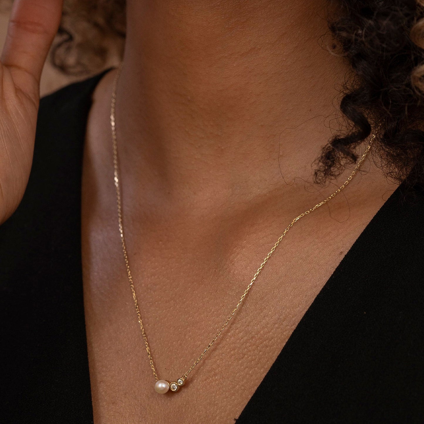 Solid Gold Natural Pearl Necklace, Real Gold Dainty Bezel Necklace, Premium Necklace For Her, Handmade Fine Jewelry by Selanica