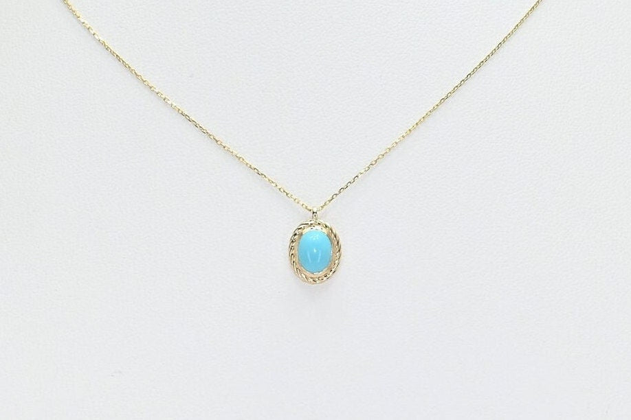 Solid Gold 14k Turquoise Necklace, Retro Pendant, Real Gold Natural Turquoise Charm For Her, Handmade Fine Jewelry by Selanica