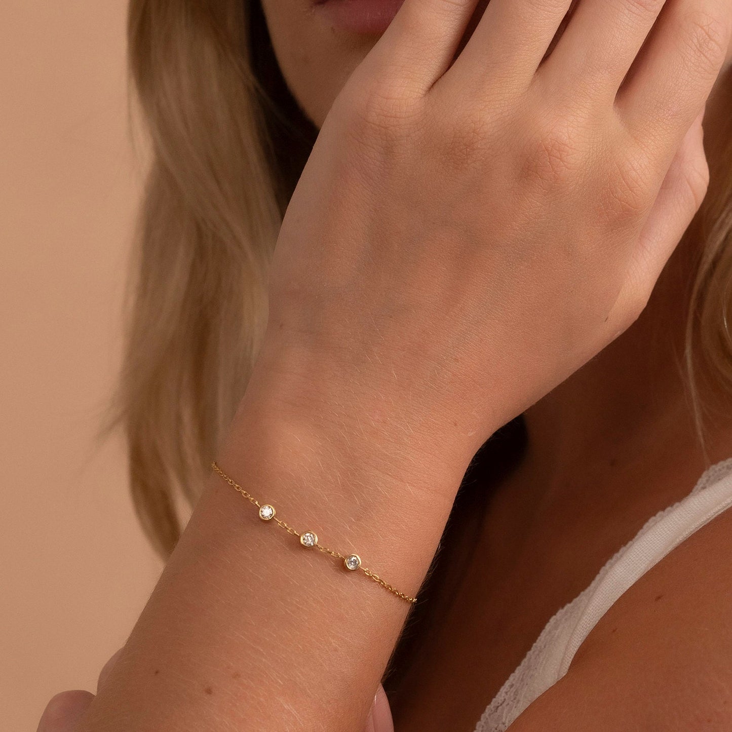 Solid Gold Three Stone Bracelet, Real Gold Premium Chain Bracelet For Her, Handmade Fine Jewelry by Selanica