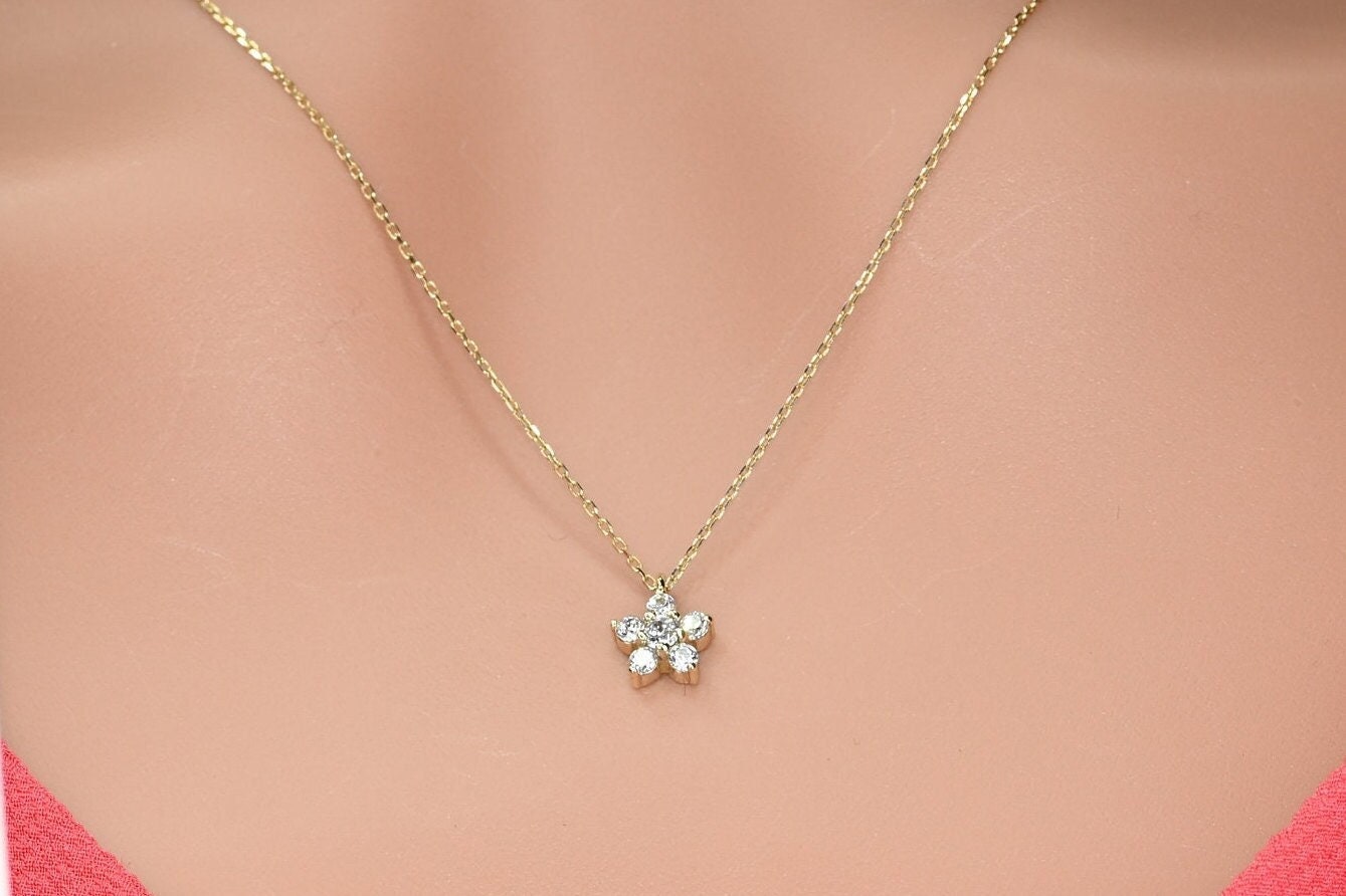 Solid Gold Dainty Floral Necklace / Real Gold Cluster Pendant / 14k Necklace For Her / Handmade Fine Jewelry by Selanica