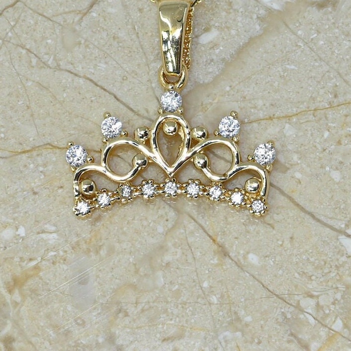 Solid Gold Crown Necklace, Real Gold Crown Pendant, Queen Coronet Necklace For Her, Handmade Fine Jewelry For Her