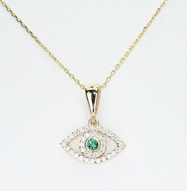 Solid Gold Dainty Emerald Evil Eye Necklace, Real Gold Dainty Eye Pendant For Her, Handmade Fine Jewelry by Selanica