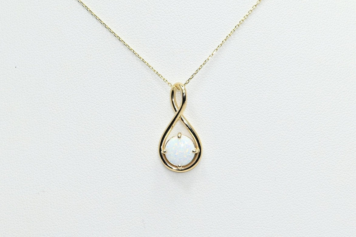 Solid Gold Opal Necklace, Real Gold Opal Twist Pendant, October Birth Stone Necklace For Her, Handmade Fine Jewelry by Selanica