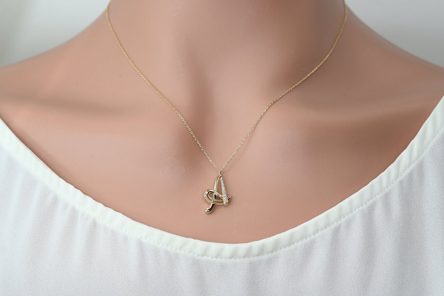 Solid Gold Letter A Moissanite Necklace / Real Gold Unique Design Initial A Pendant / Handmade Fine Jewelry / All Letters Available