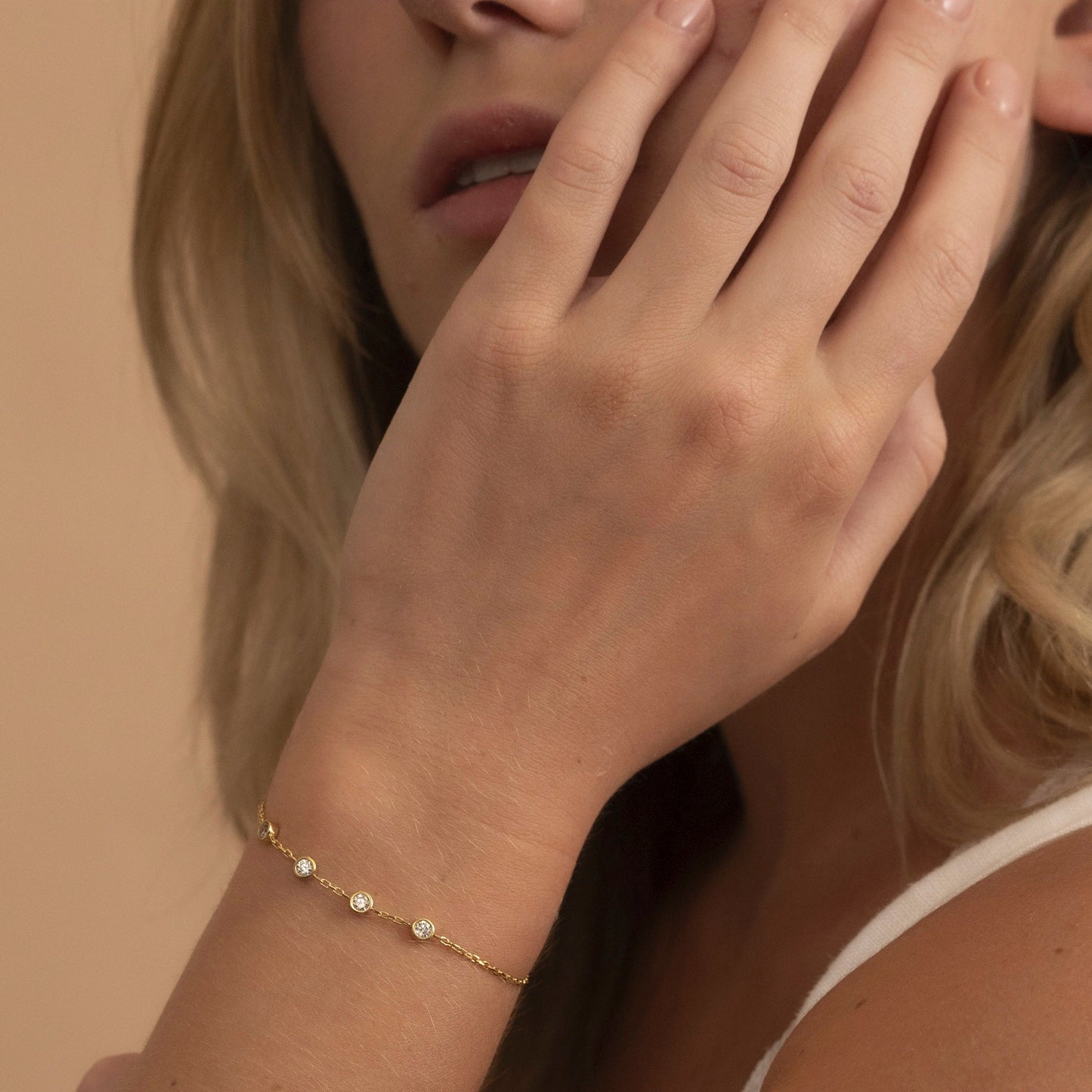 Solid Gold Dainty Four Stone Bezel Bracelet, Real Gold Premium Minimalist Bracelet For Her, Handmade Fine Jewelry by Selanica