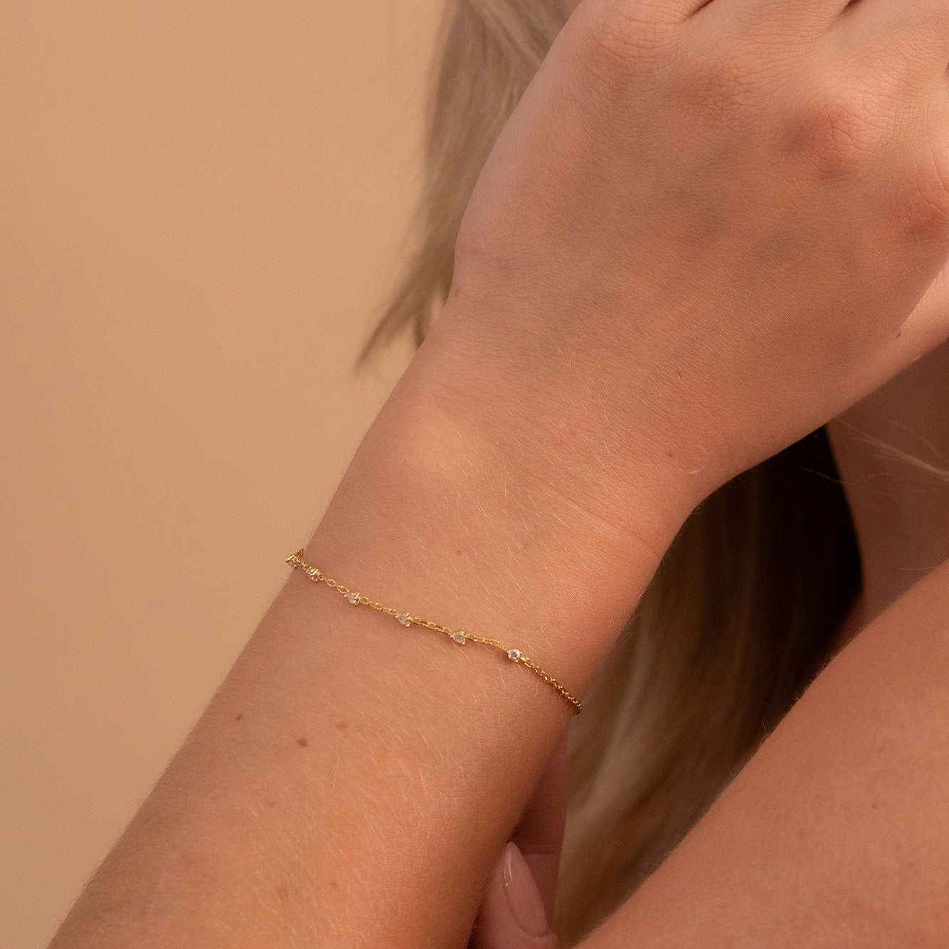 Solid Gold Dainty 6 Stone Bracelet, Real Gold Premium Minimalist Bracelet For Her, Handmade Fine Jewelry by Selanica