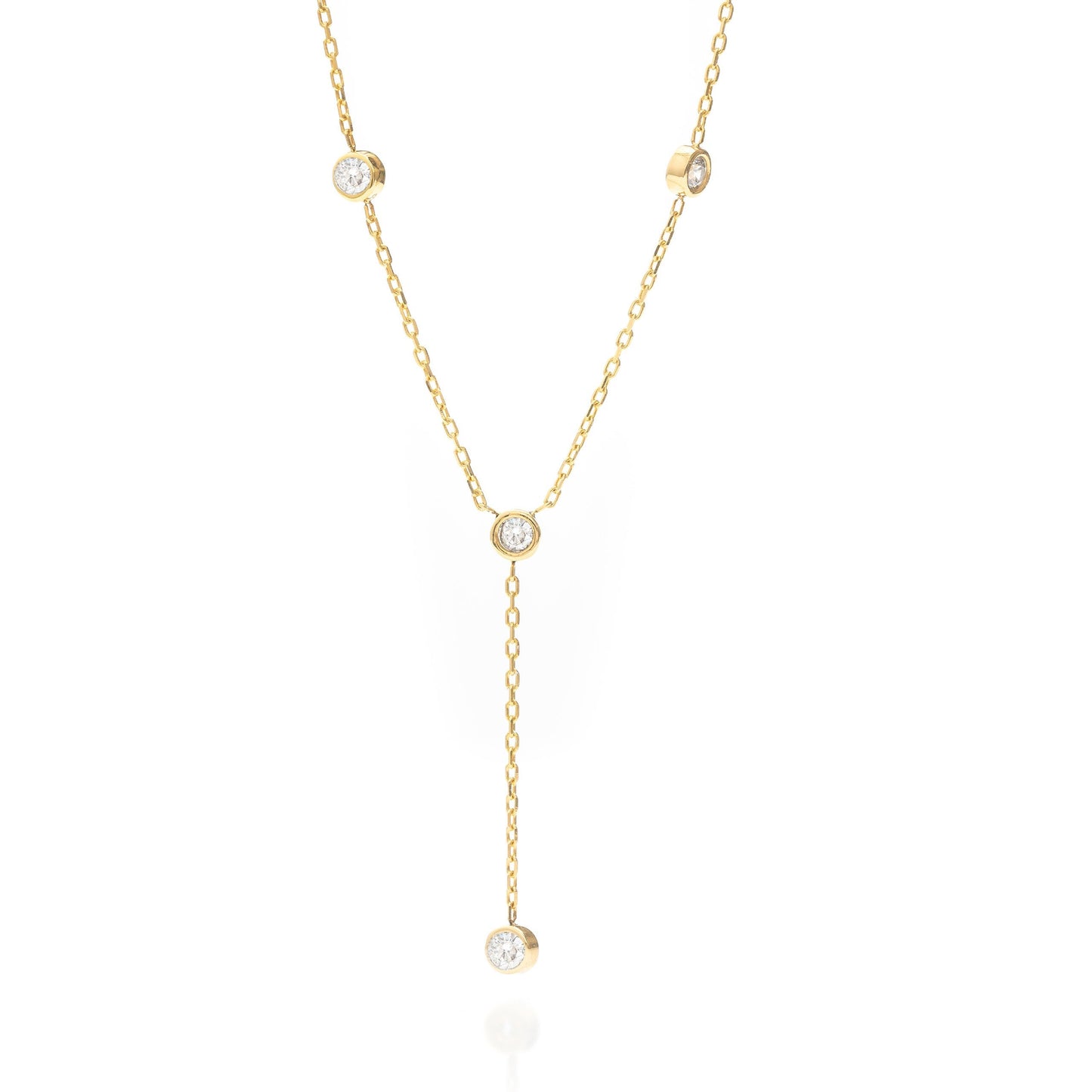 Solid Gold Bezel Lariat Necklace, Real Gold Dainty Y Necklace, Premium Bezel Necklace For Her, Handmade Fine Jewelry by Selanica
