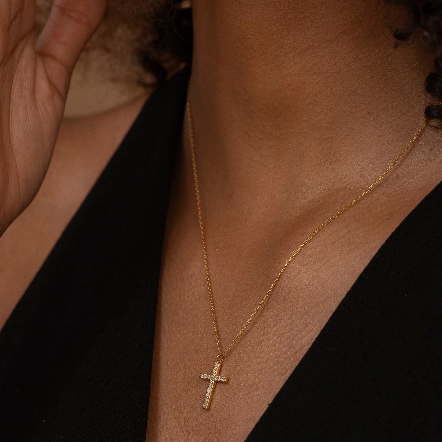 Solid Gold Tiny Cross Necklace, Real Gold Pave Setting Premium Cross Necklace, Handmade Fine Jewelry by Selanica
