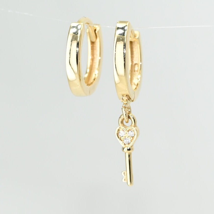 Solid Gold Dangle & Drop Circle Hoop, Premium Key Drop Earring, Real Gold Lightweight and Sturdy, Handmade Fine Jewelry By Selanica