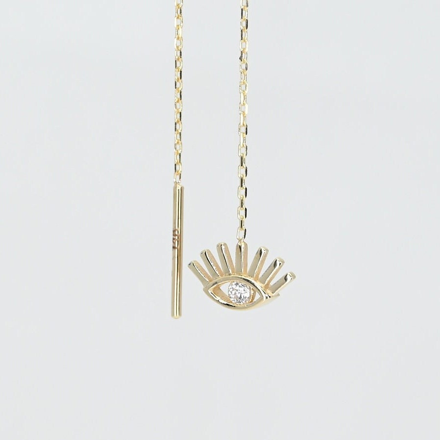 Solid Gold Threader Eye Earrings, Eyelash Threader Chain Pair of Earrings, Real Gold Evil Eye Earrings, Handmade Fine Jewelry By Selanica