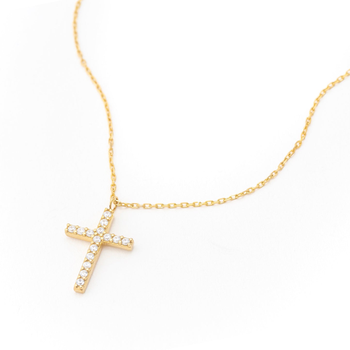 Solid Gold Tiny Cross Necklace, Real Gold Pave Setting Premium Cross Necklace, Handmade Fine Jewelry by Selanica