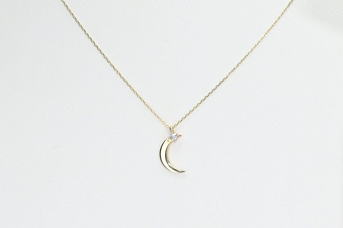 Solid Gold Dainty Moon Necklace / Real Gold Premium Crescent Pendant / Moon Star Necklace For Her / Handmade Fine Jewelry by Selanica