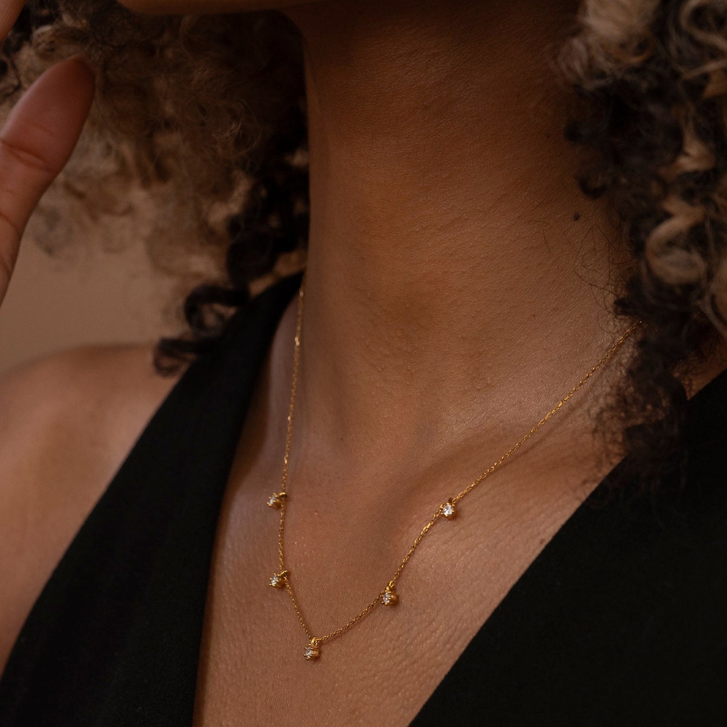 Solid Gold Dainty Necklace, Real Gold Five Stone Necklace, Premium Necklace For Her, Handmade Fine Jewelry by Selanica