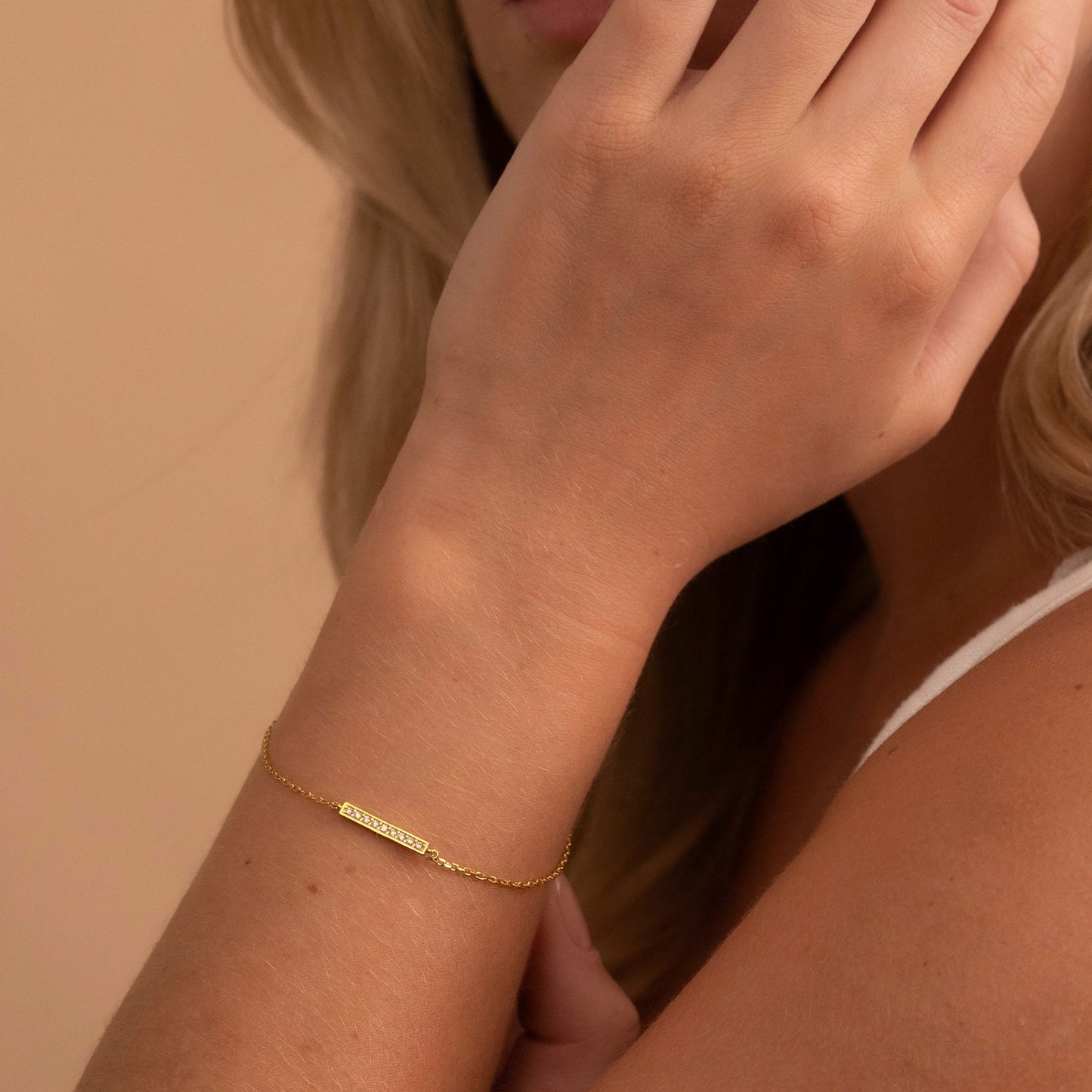 Solid Gold Dainty Bar Bracelet, Real Gold Premium Pave Setting Bracelet For Her, Handmade Fine Jewelry by Selanica