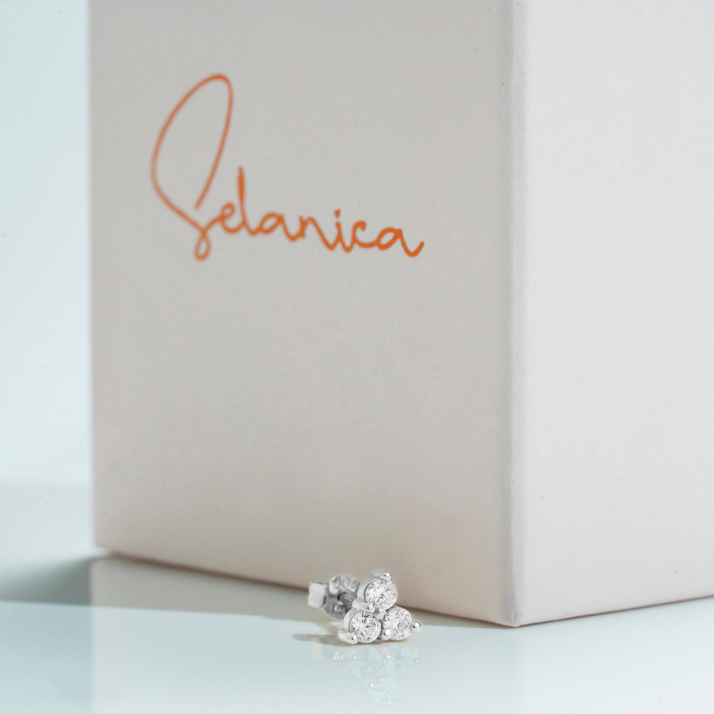 Solid Gold Dainty Three Stone Earrings, Minimalist Triangle Pair of Studs, Premium Handmade Fine Jewelry By Selanica