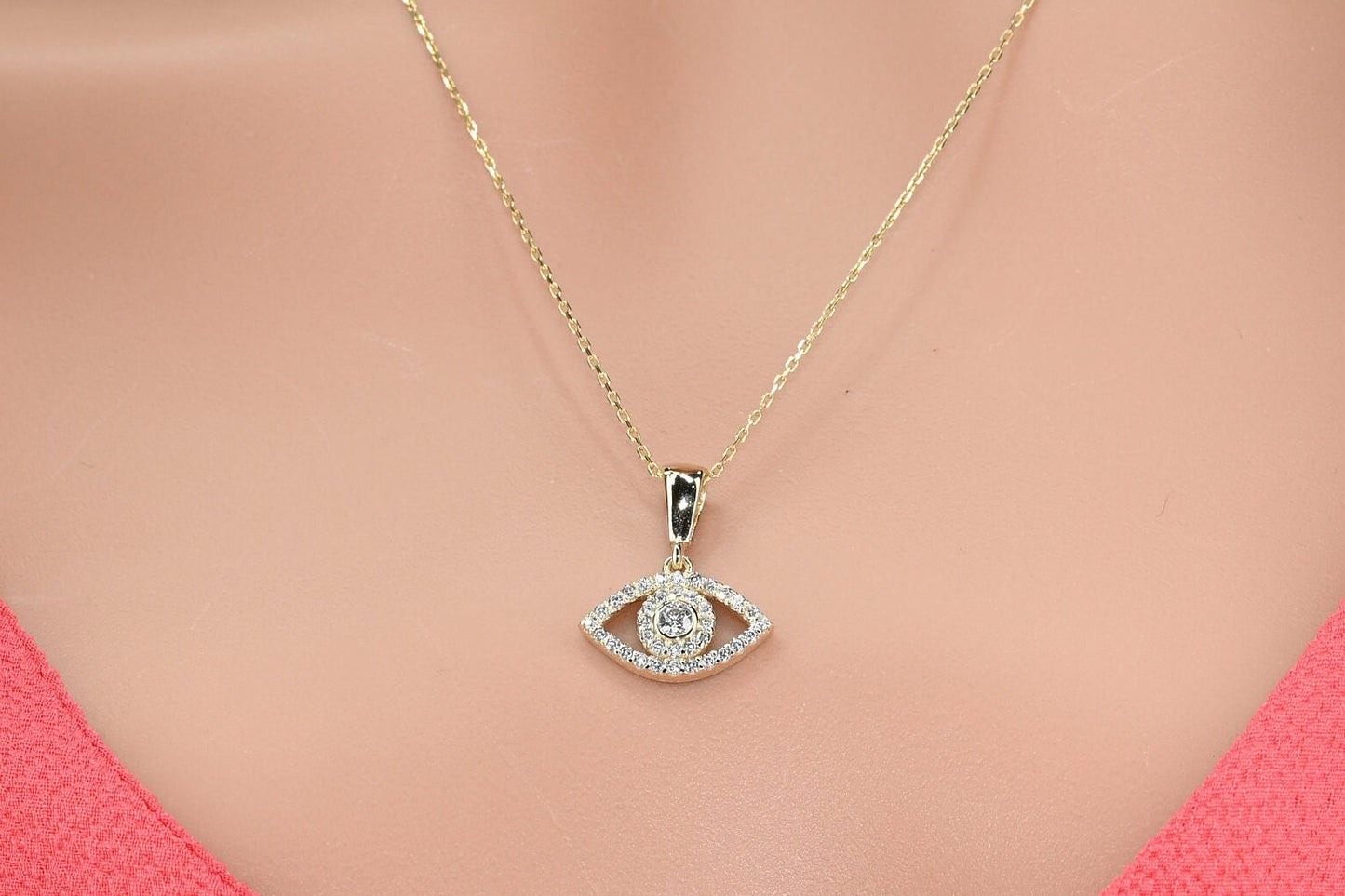 Solid Gold Evil Eye Necklace, Real Gold Dainty Eye Pendant, Evil Eye Necklace For Her, Handmade Fine Jewelry by Selanica