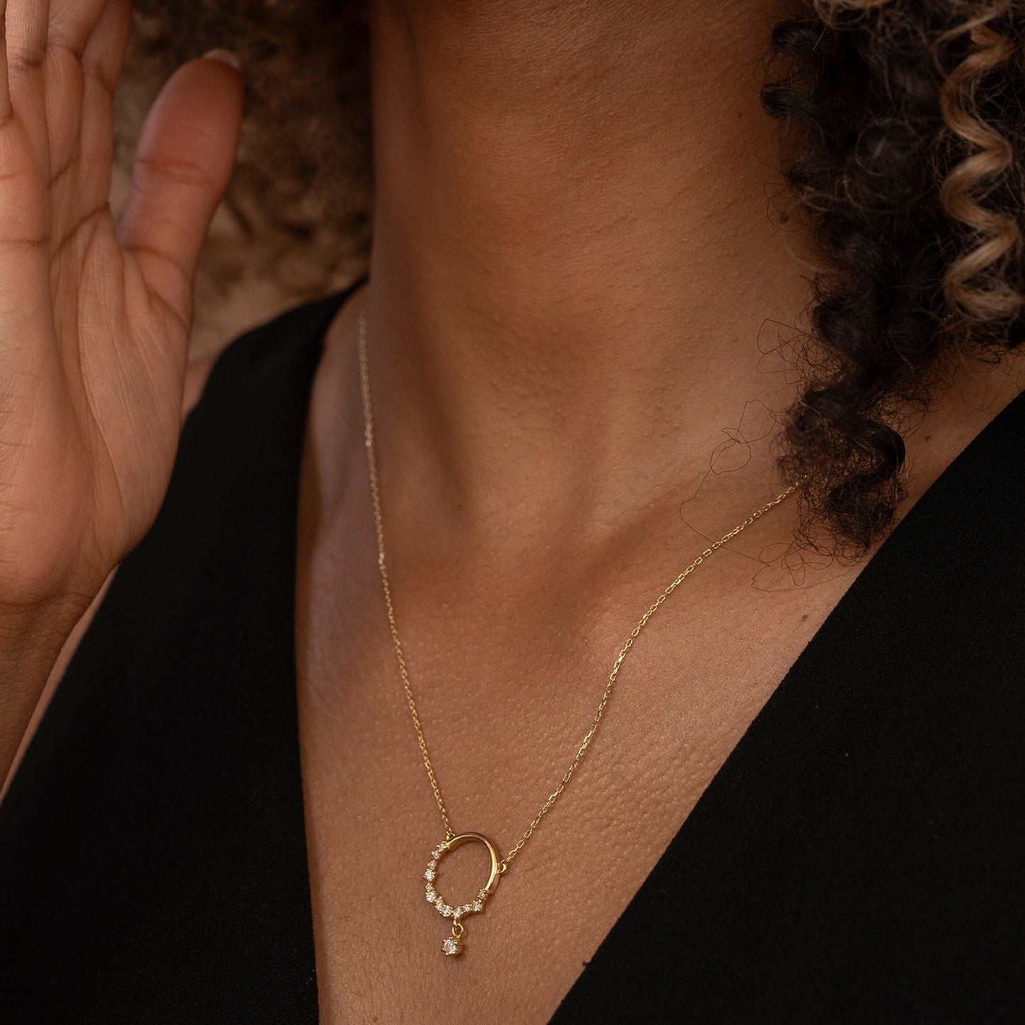 Solid Gold Open Circle Necklace, Floral Design Real Gold Round Necklace, Premium Charm Necklace, Handmade Fine Jewelry by Selanica