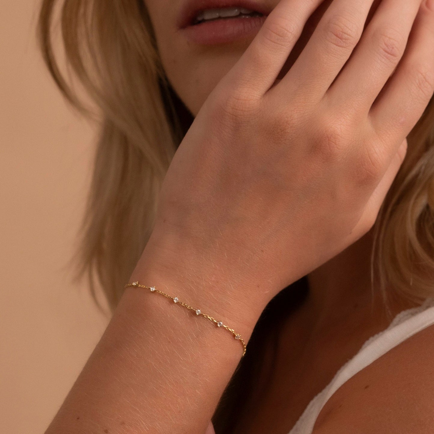 Solid Gold Dainty 6 Stone Bracelet, Real Gold Premium Minimalist Bracelet For Her, Handmade Fine Jewelry by Selanica