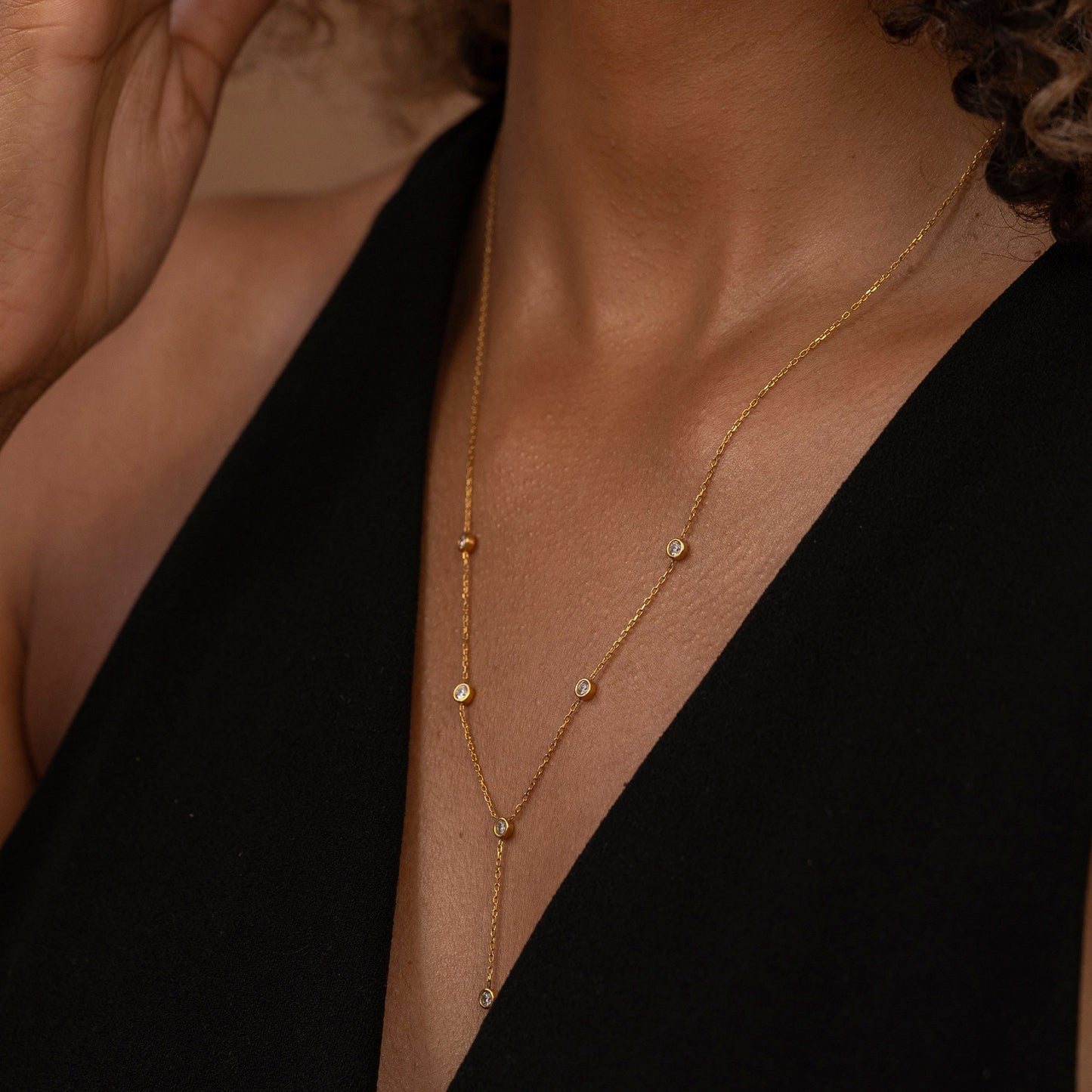 Solid Gold Bezel Lariat Necklace, Real Gold Dainty Y Necklace, Premium Bezel Necklace For Her, Handmade Fine Jewelry by Selanica