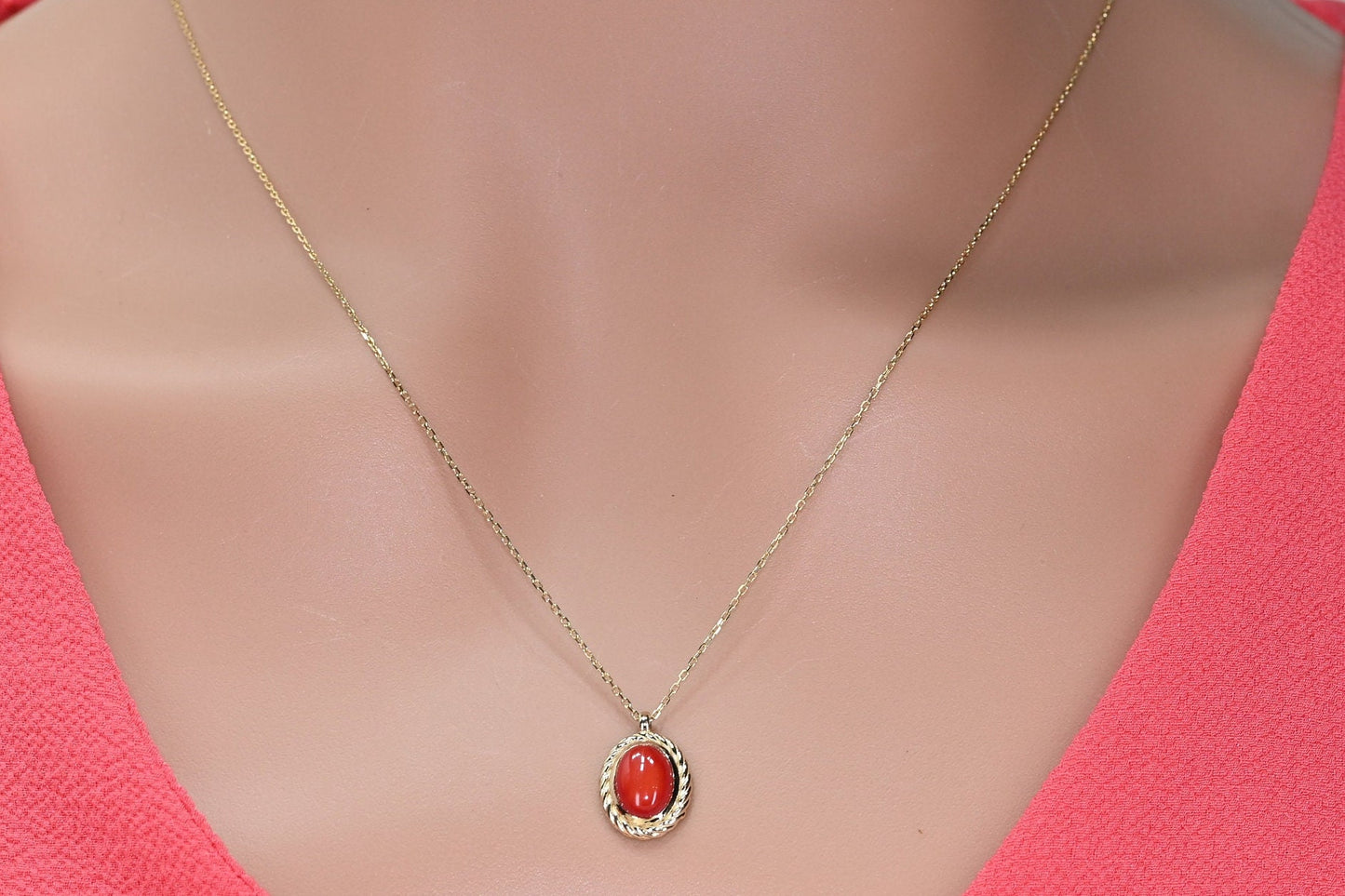 Solid Rose Gold Coral Retro Necklace, Real Gold Natural Coral Charm, Premium Pendant For Her, Handmade Fine Jewelry by Selanica