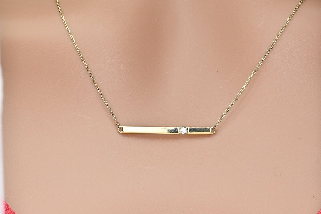 Solid Gold Dainty Bar Necklace, Real Gold Elegant Bar Pendant, 14k Premium Necklace For Her, Handmade Fine Jewelry by Selanica