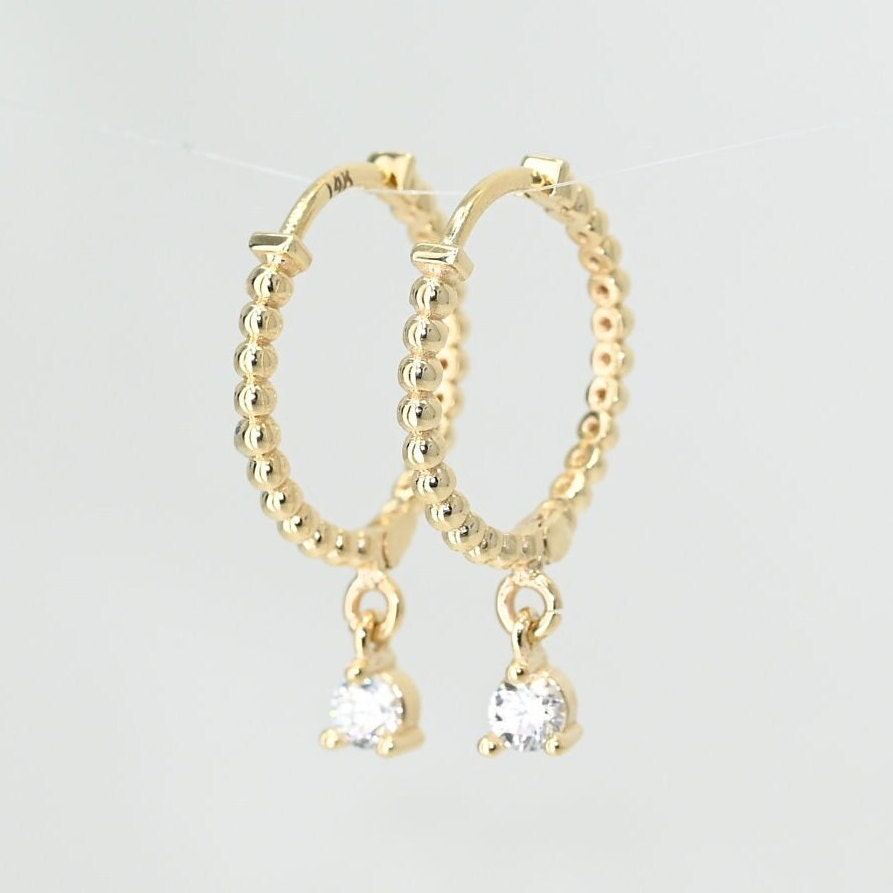 Solid Gold Dangle & Drop Circle Hoops, Real Gold Round Beaded Pair of Earrings, Lightweight, Sturdy Hoops, Handmade Fine Jewelry By Selanica